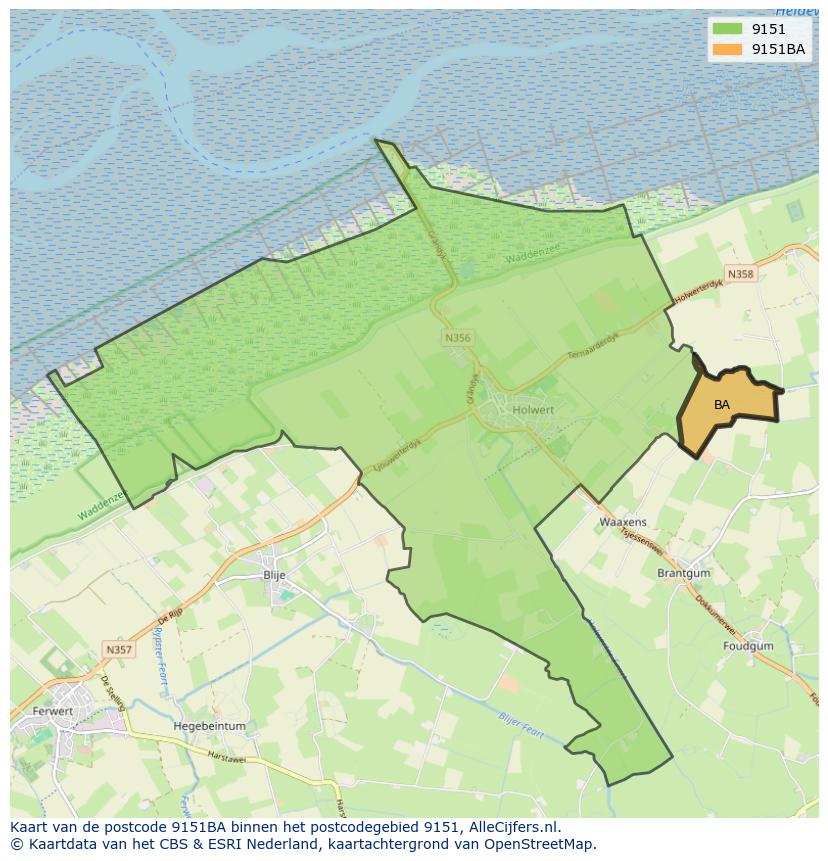 Afbeelding van het postcodegebied 9151 BA op de kaart.
