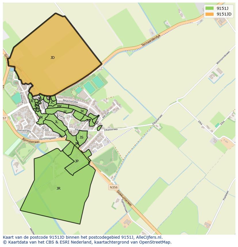 Afbeelding van het postcodegebied 9151 JD op de kaart.