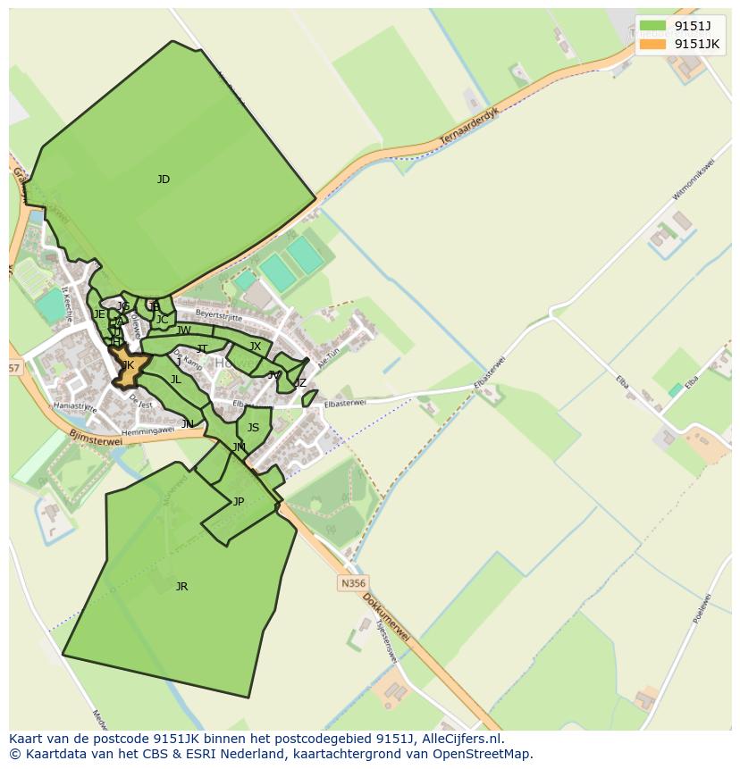 Afbeelding van het postcodegebied 9151 JK op de kaart.