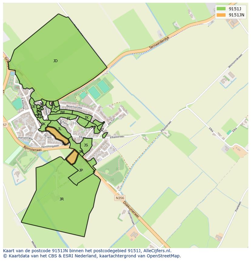 Afbeelding van het postcodegebied 9151 JN op de kaart.