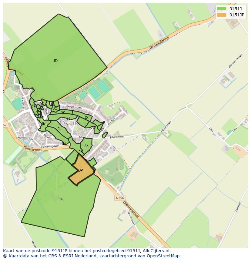Afbeelding van het postcodegebied 9151 JP op de kaart.