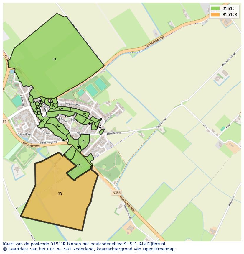 Afbeelding van het postcodegebied 9151 JR op de kaart.