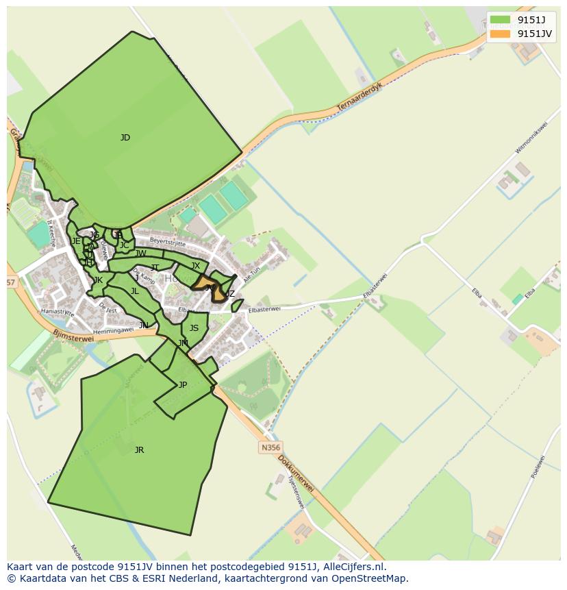Afbeelding van het postcodegebied 9151 JV op de kaart.