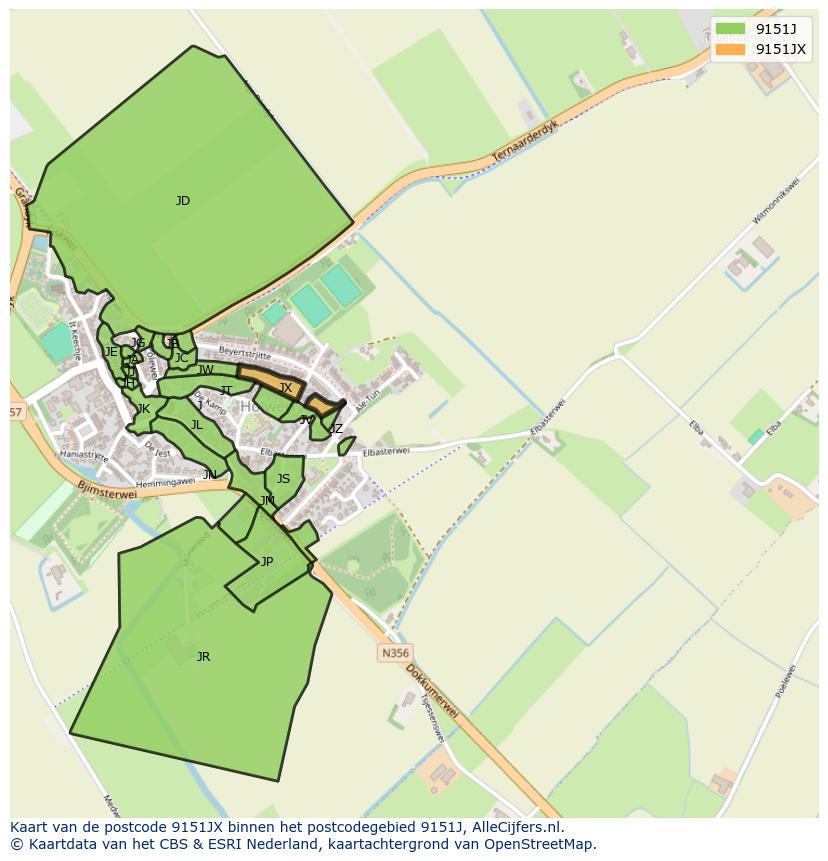 Afbeelding van het postcodegebied 9151 JX op de kaart.