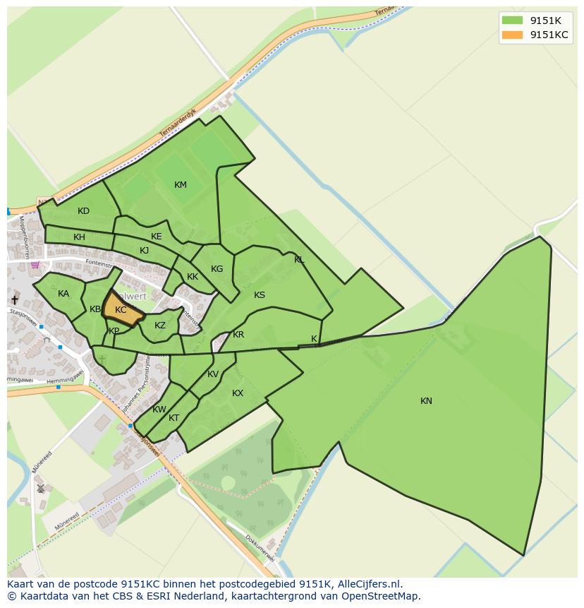 Afbeelding van het postcodegebied 9151 KC op de kaart.