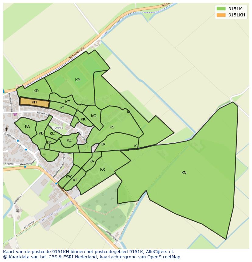 Afbeelding van het postcodegebied 9151 KH op de kaart.