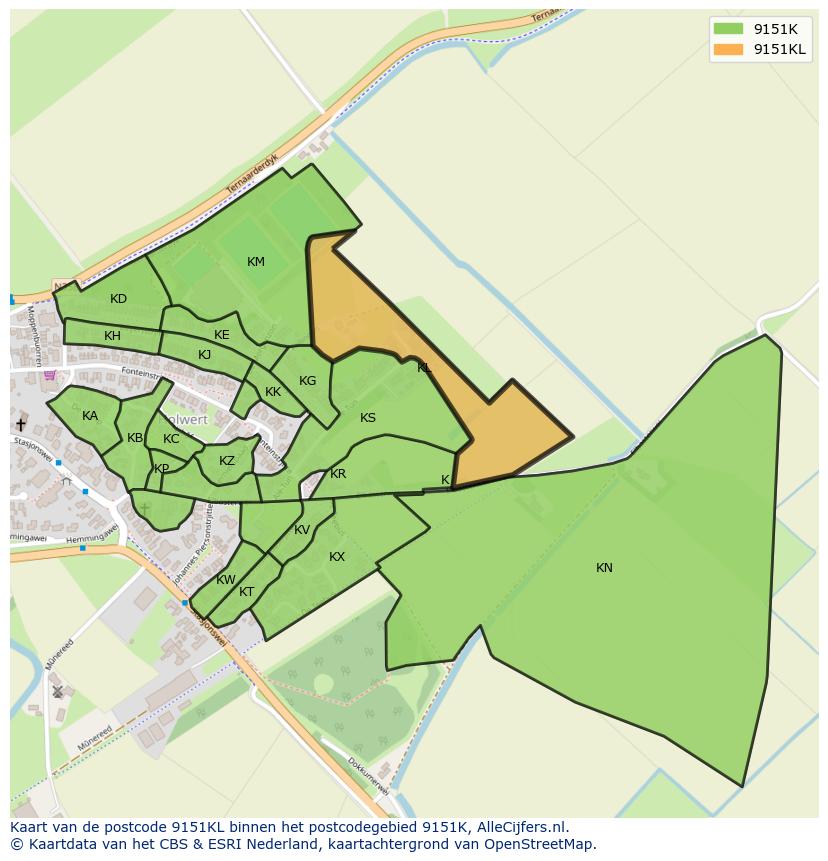 Afbeelding van het postcodegebied 9151 KL op de kaart.