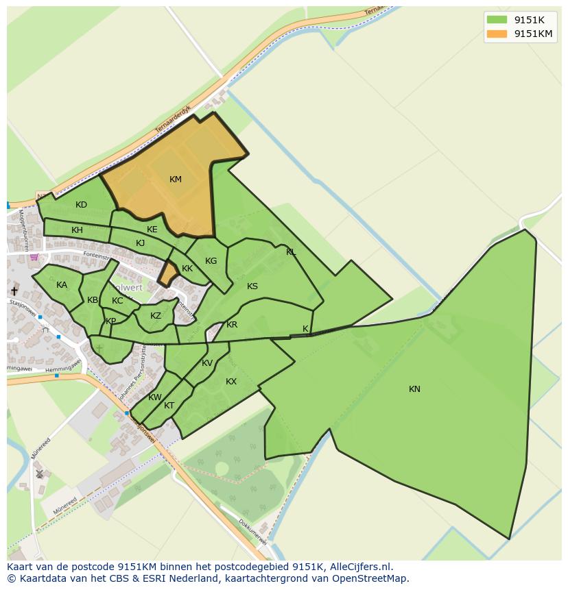 Afbeelding van het postcodegebied 9151 KM op de kaart.