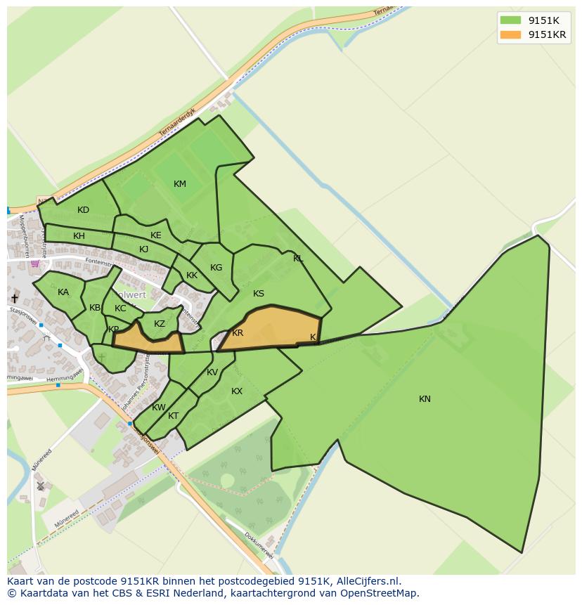 Afbeelding van het postcodegebied 9151 KR op de kaart.