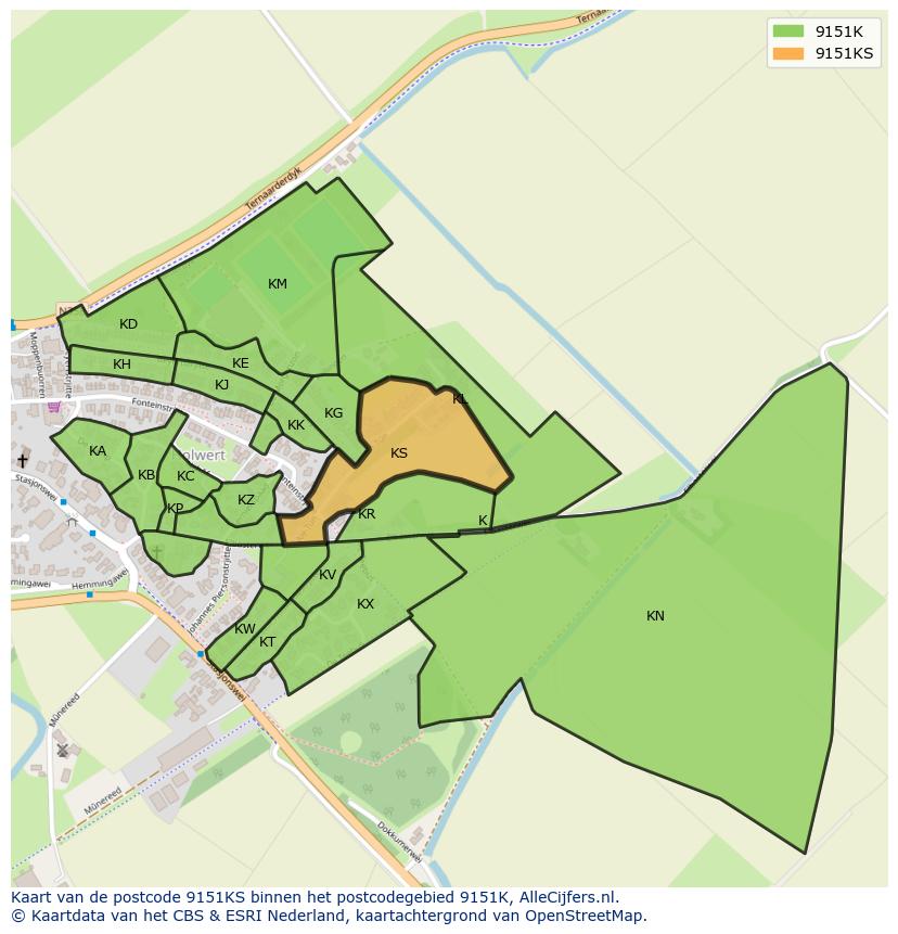 Afbeelding van het postcodegebied 9151 KS op de kaart.