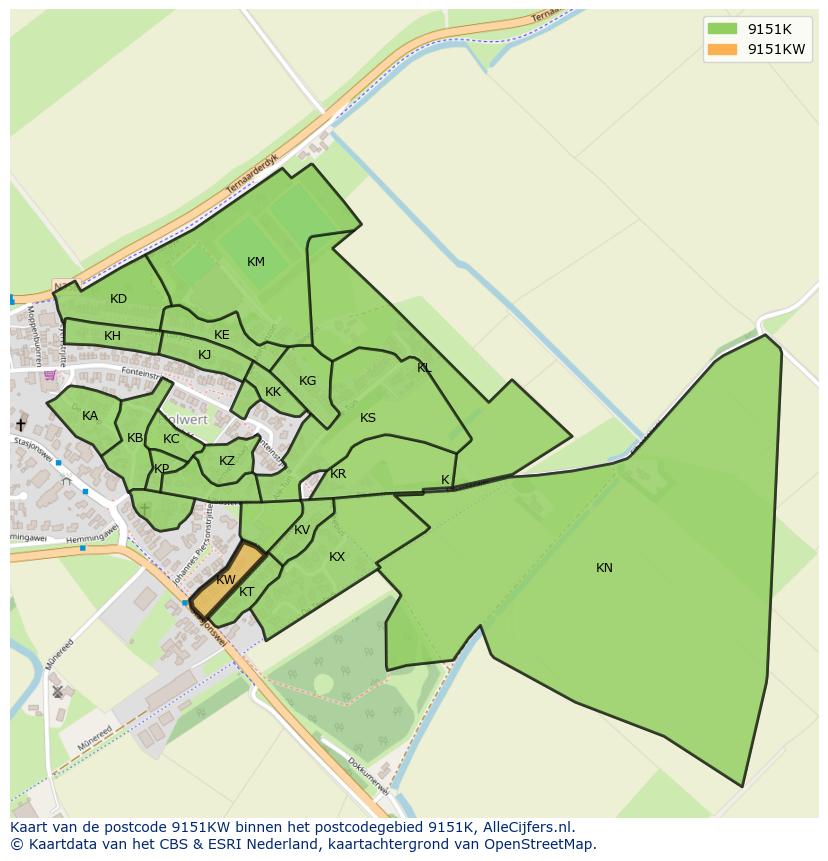Afbeelding van het postcodegebied 9151 KW op de kaart.