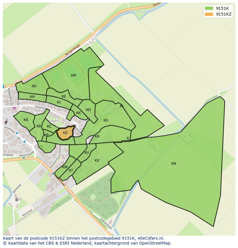 Afbeelding van het postcodegebied 9151 KZ op de kaart.