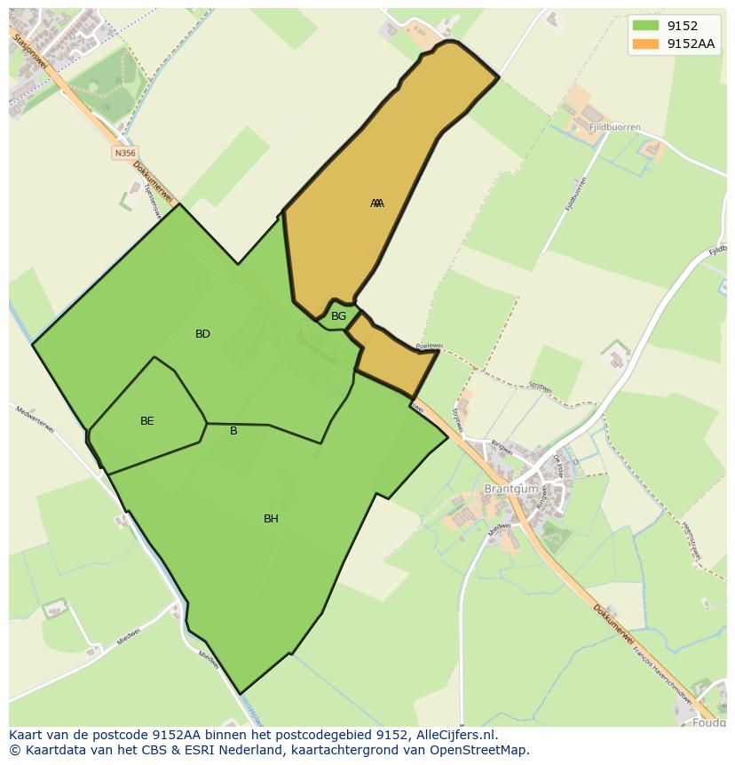 Afbeelding van het postcodegebied 9152 AA op de kaart.