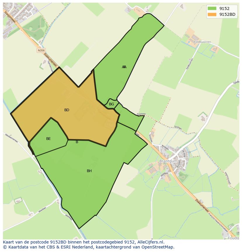 Afbeelding van het postcodegebied 9152 BD op de kaart.
