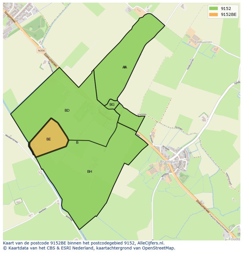 Afbeelding van het postcodegebied 9152 BE op de kaart.