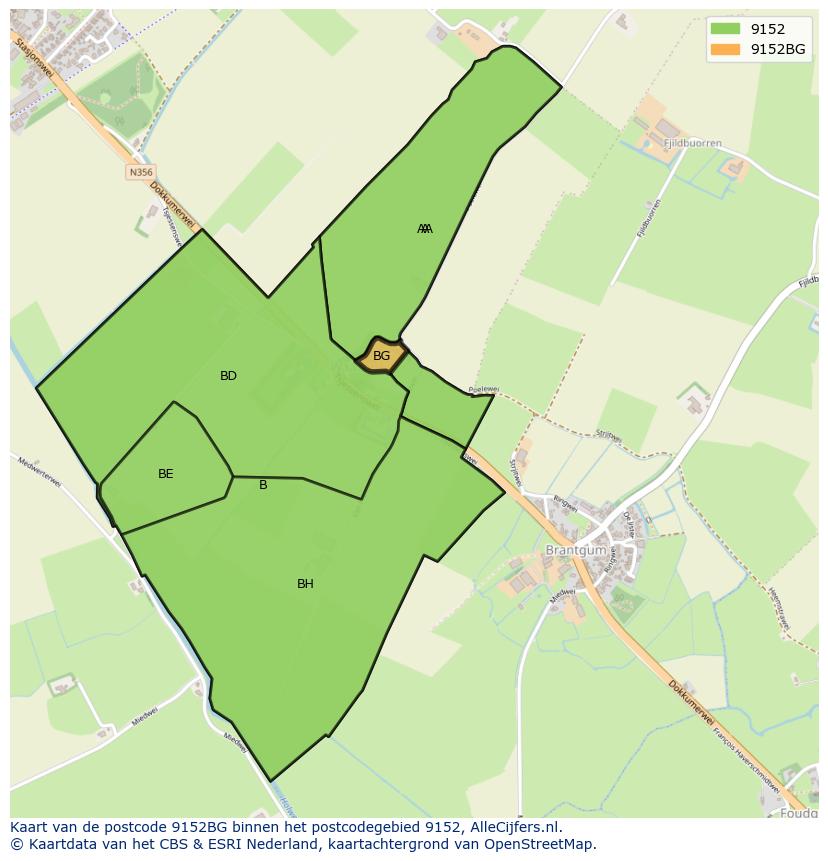 Afbeelding van het postcodegebied 9152 BG op de kaart.