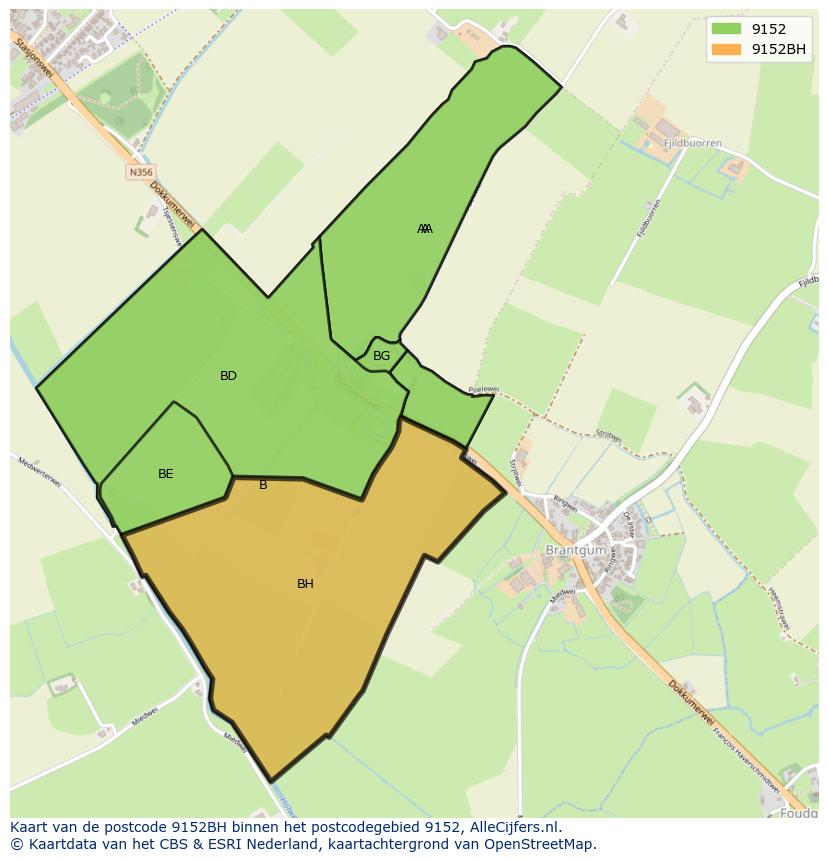Afbeelding van het postcodegebied 9152 BH op de kaart.