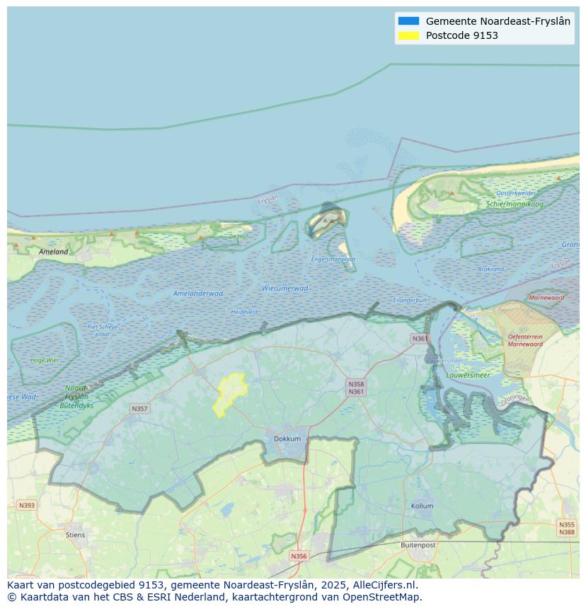Afbeelding van het postcodegebied 9153 op de kaart.