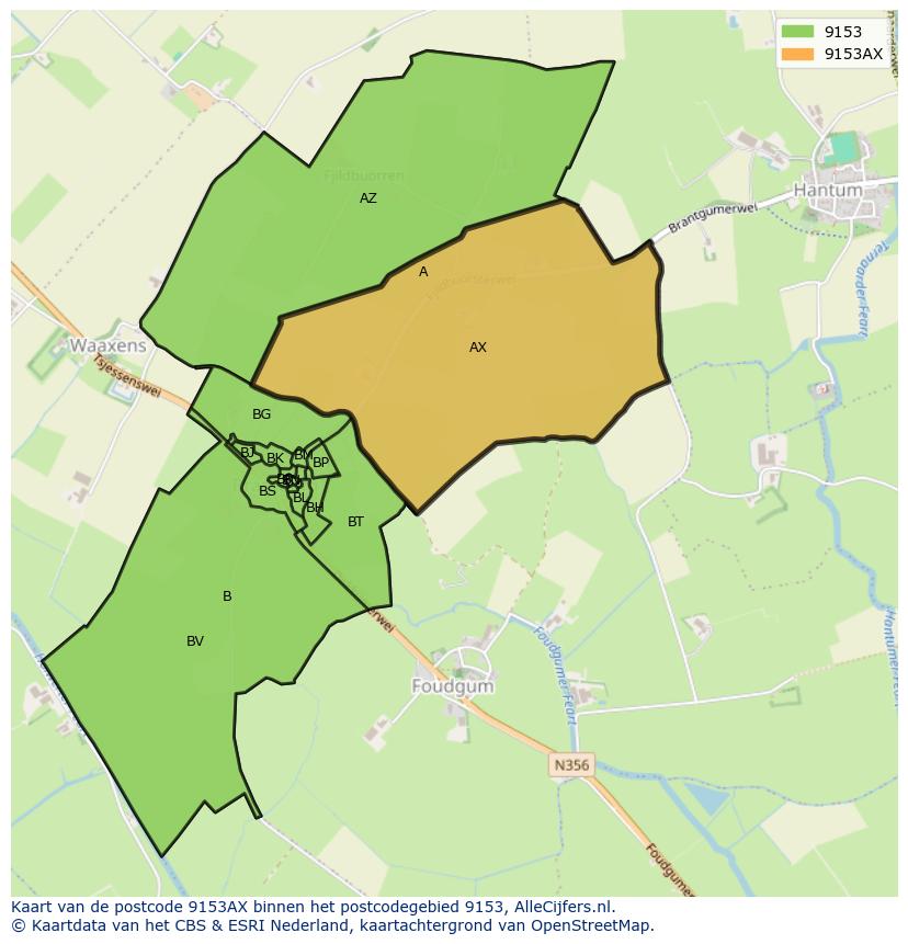 Afbeelding van het postcodegebied 9153 AX op de kaart.