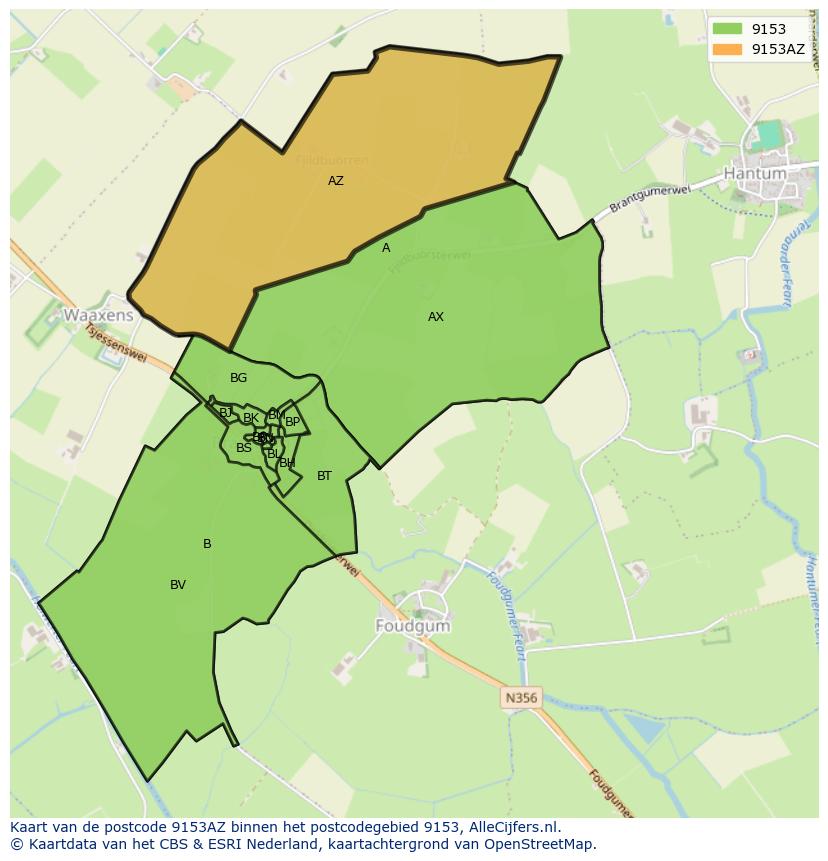 Afbeelding van het postcodegebied 9153 AZ op de kaart.