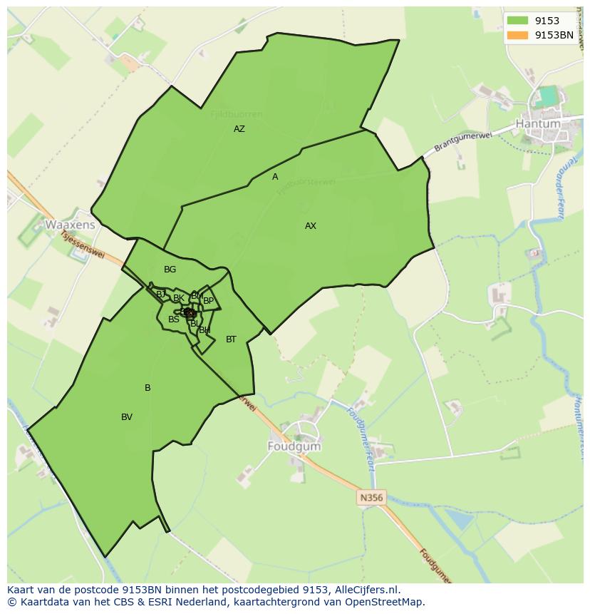 Afbeelding van het postcodegebied 9153 BN op de kaart.