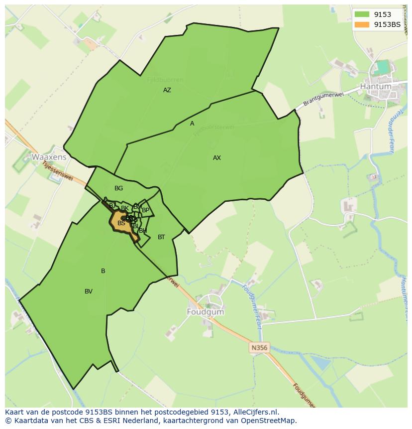 Afbeelding van het postcodegebied 9153 BS op de kaart.