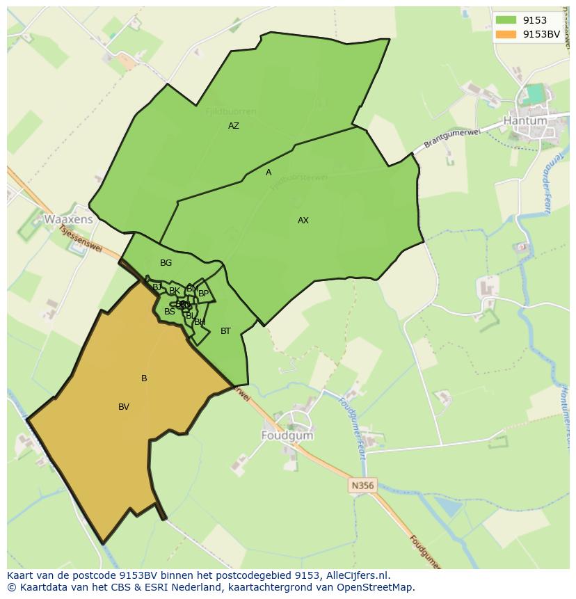 Afbeelding van het postcodegebied 9153 BV op de kaart.