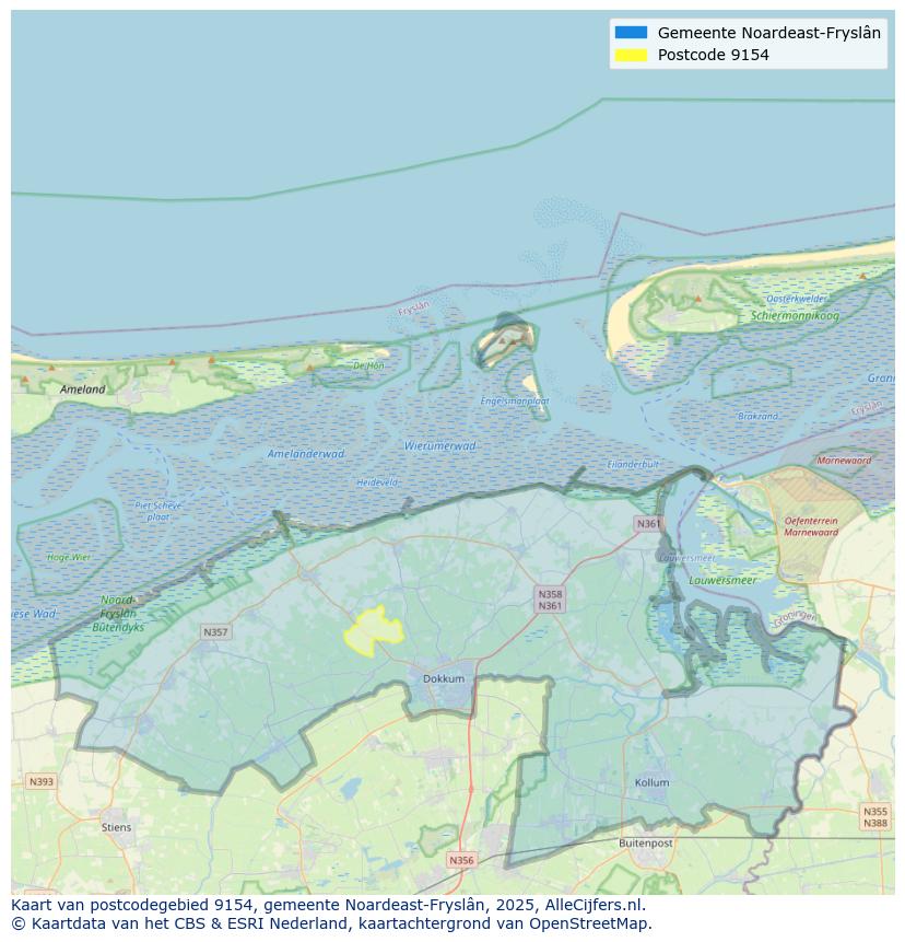 Afbeelding van het postcodegebied 9154 op de kaart.