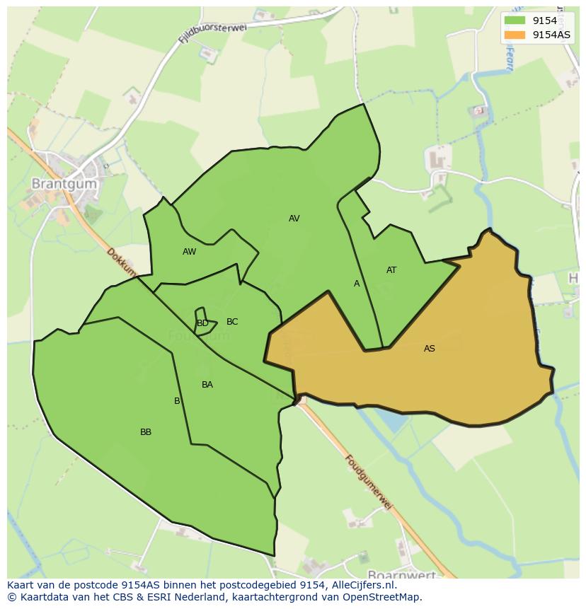 Afbeelding van het postcodegebied 9154 AS op de kaart.