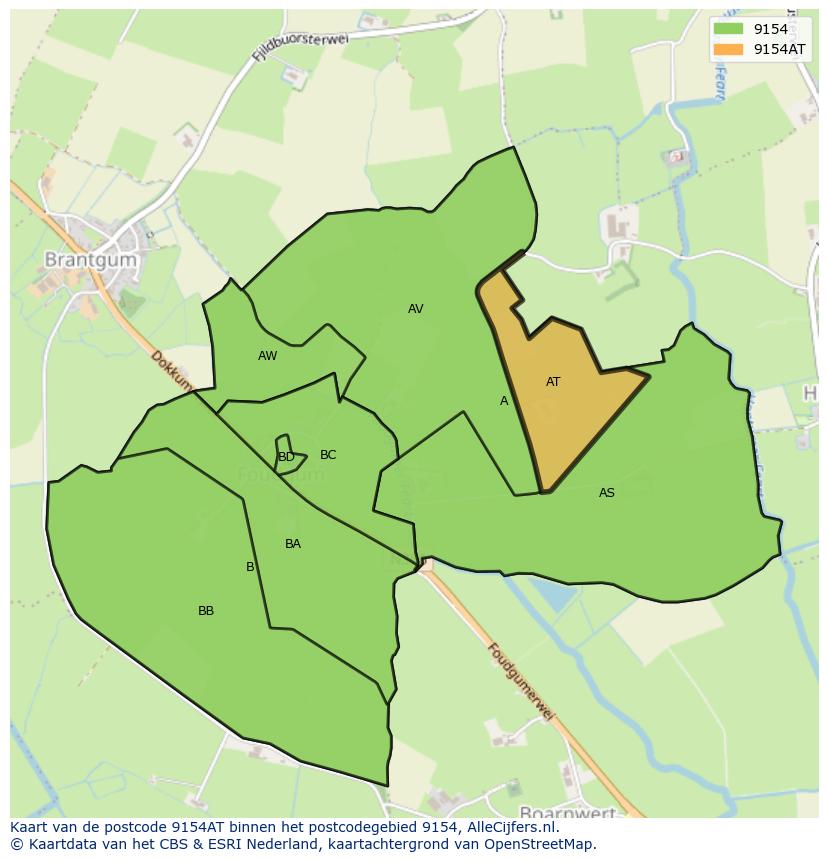 Afbeelding van het postcodegebied 9154 AT op de kaart.
