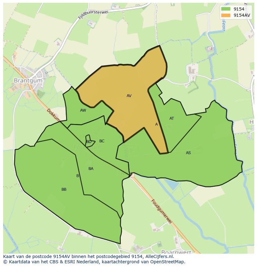 Afbeelding van het postcodegebied 9154 AV op de kaart.