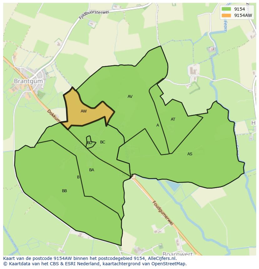 Afbeelding van het postcodegebied 9154 AW op de kaart.