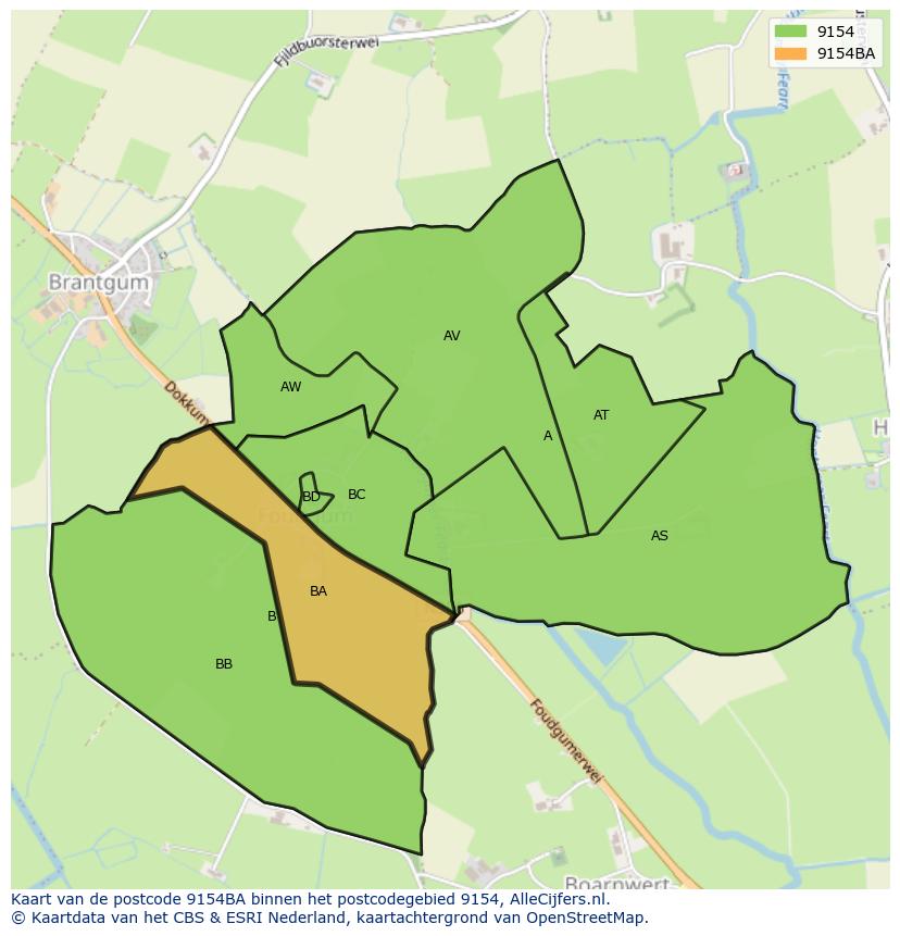 Afbeelding van het postcodegebied 9154 BA op de kaart.