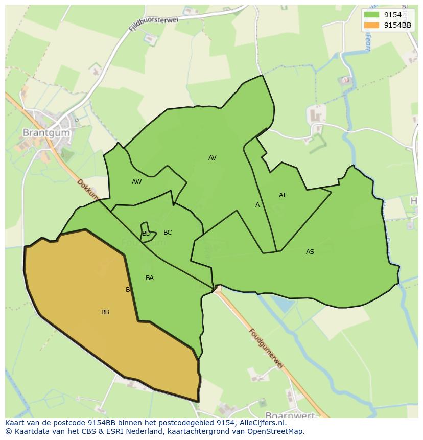 Afbeelding van het postcodegebied 9154 BB op de kaart.
