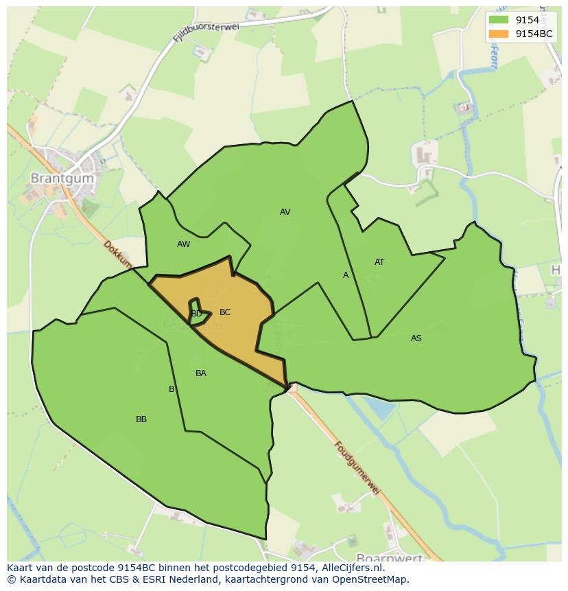 Afbeelding van het postcodegebied 9154 BC op de kaart.
