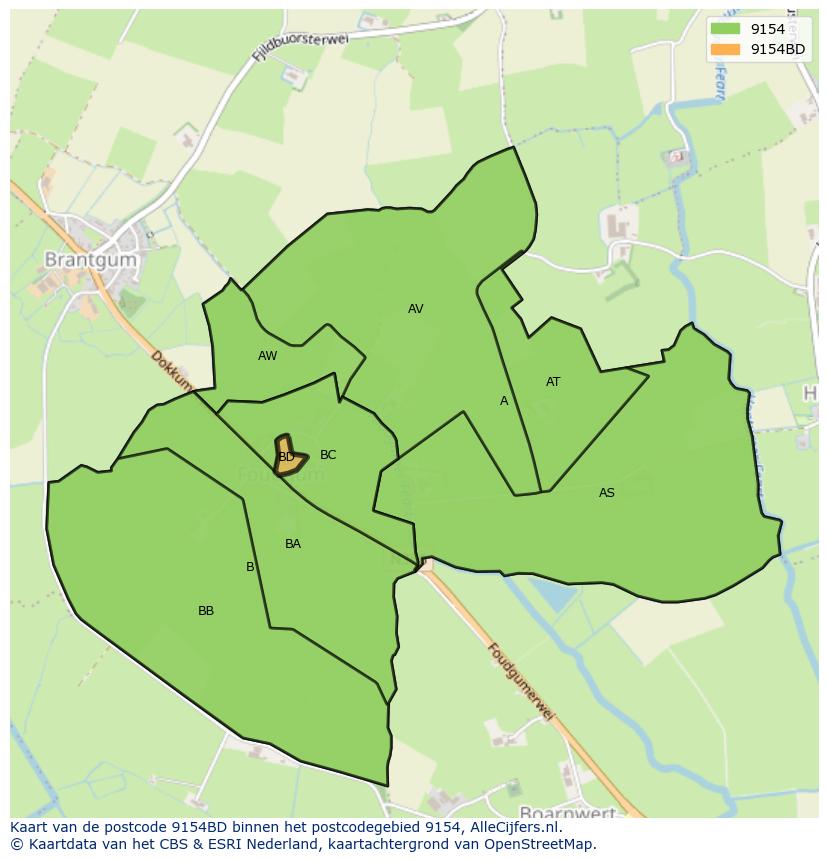 Afbeelding van het postcodegebied 9154 BD op de kaart.