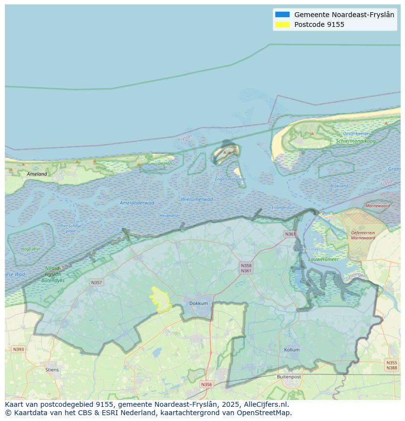 Afbeelding van het postcodegebied 9155 op de kaart.