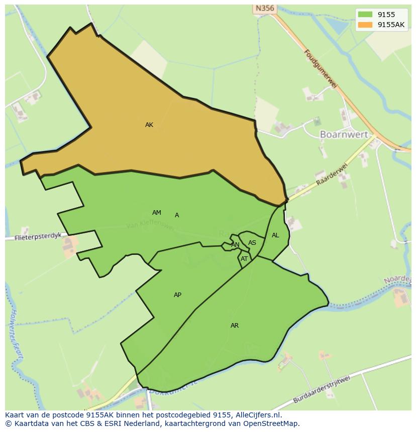 Afbeelding van het postcodegebied 9155 AK op de kaart.