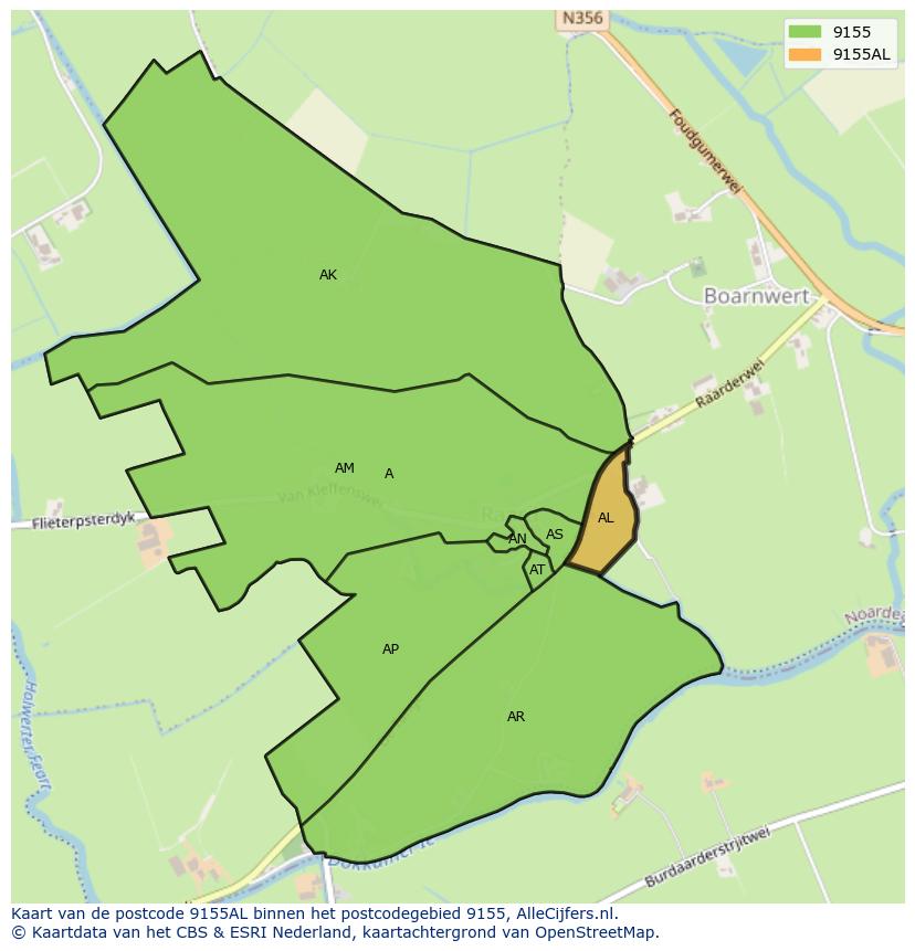 Afbeelding van het postcodegebied 9155 AL op de kaart.