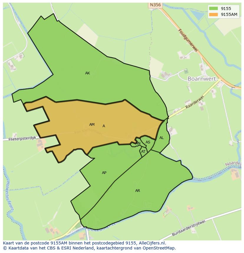 Afbeelding van het postcodegebied 9155 AM op de kaart.