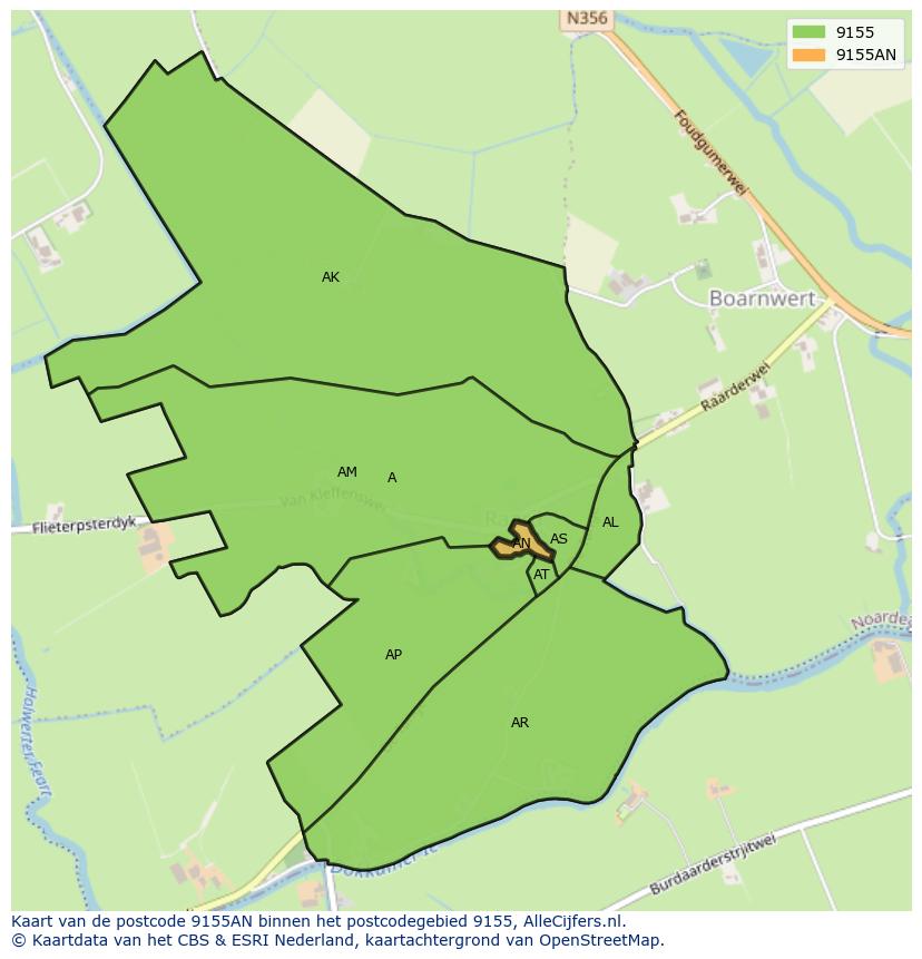 Afbeelding van het postcodegebied 9155 AN op de kaart.