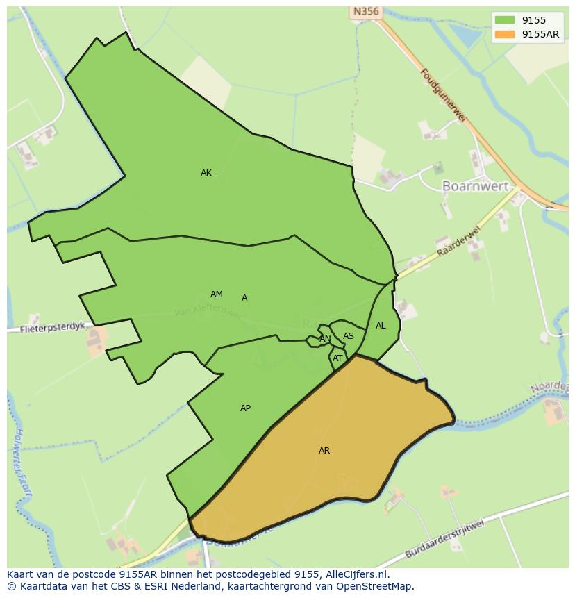 Afbeelding van het postcodegebied 9155 AR op de kaart.