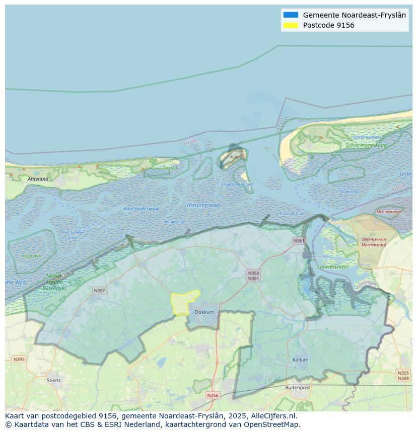 Afbeelding van het postcodegebied 9156 op de kaart.