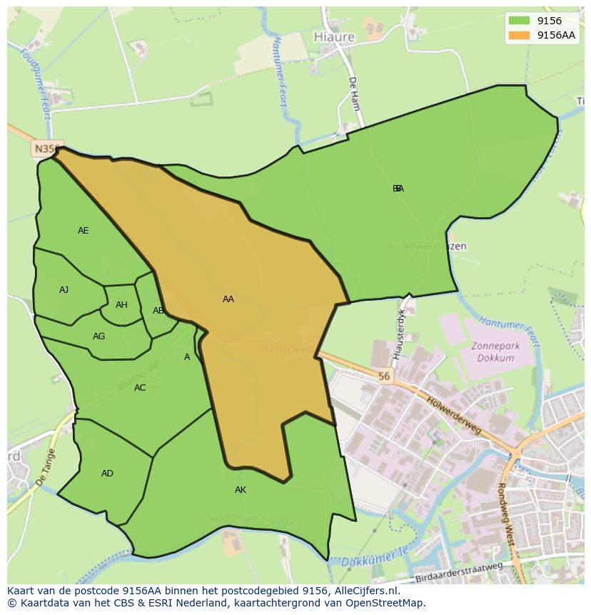 Afbeelding van het postcodegebied 9156 AA op de kaart.