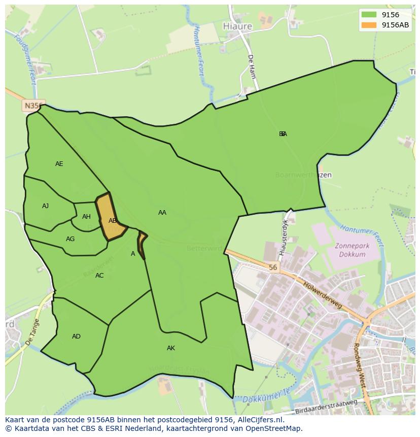 Afbeelding van het postcodegebied 9156 AB op de kaart.