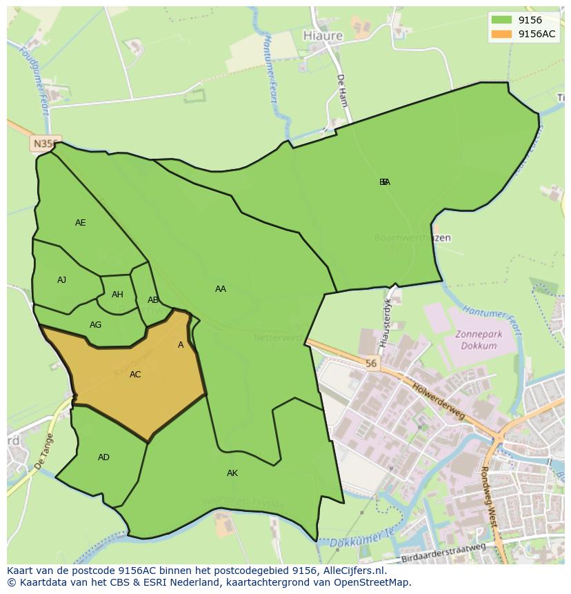 Afbeelding van het postcodegebied 9156 AC op de kaart.