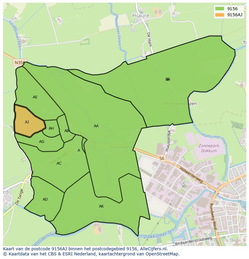 Afbeelding van het postcodegebied 9156 AJ op de kaart.