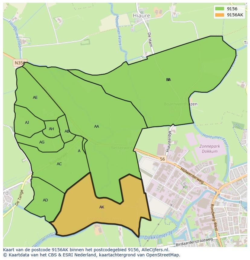 Afbeelding van het postcodegebied 9156 AK op de kaart.