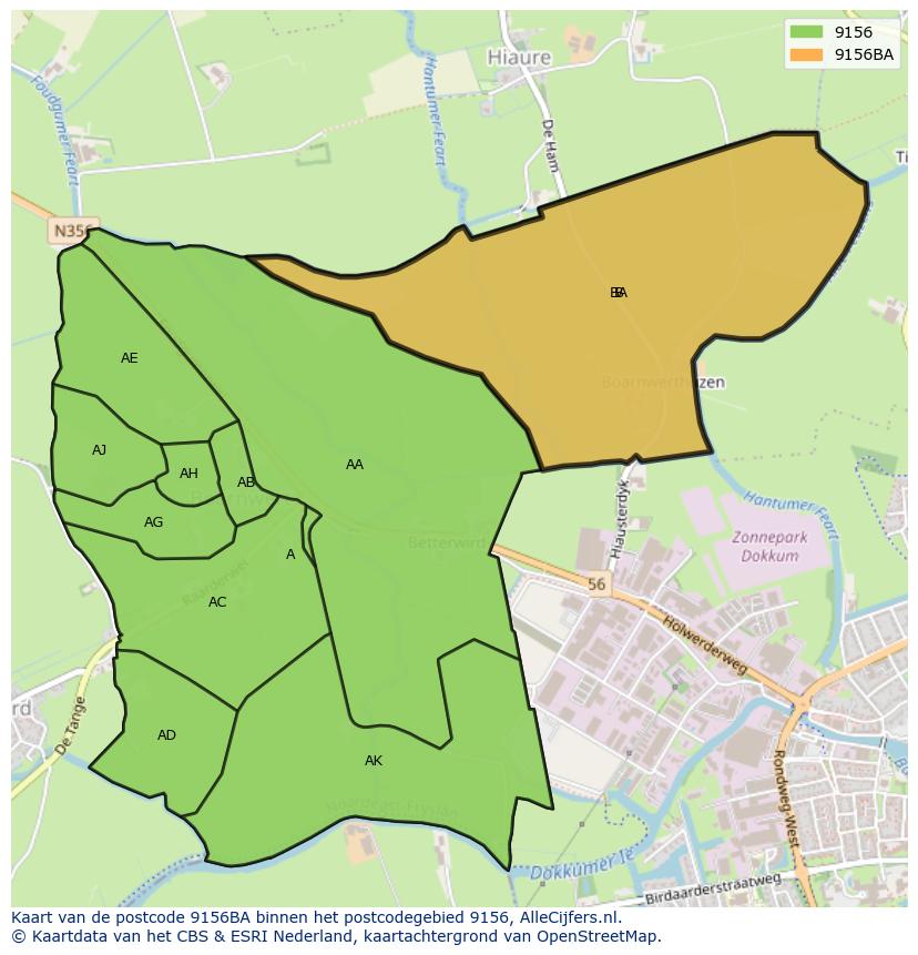 Afbeelding van het postcodegebied 9156 BA op de kaart.