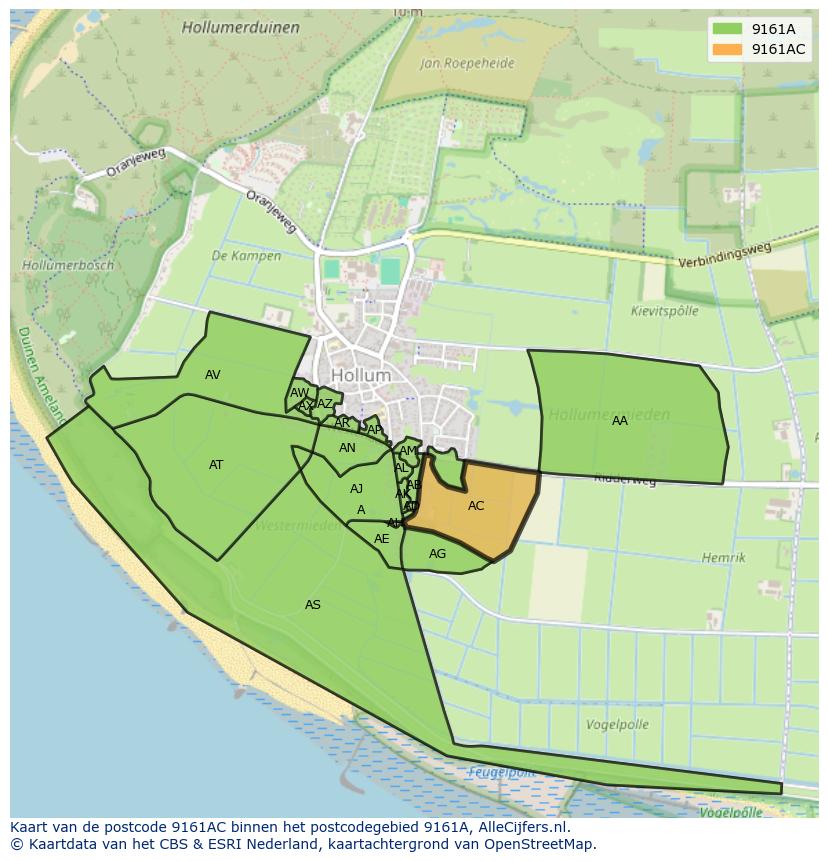 Afbeelding van het postcodegebied 9161 AC op de kaart.